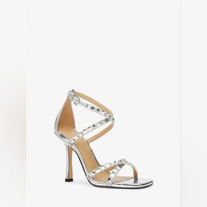 Michael Kors Celia Crystal Embellished Metallic Snake Embossed Sandal Silver 7.5